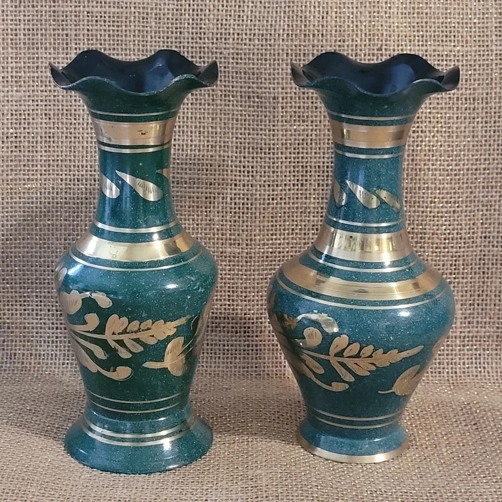 Green Enamel Brass Vase Set Of 2 Etched Floral Design Made In India